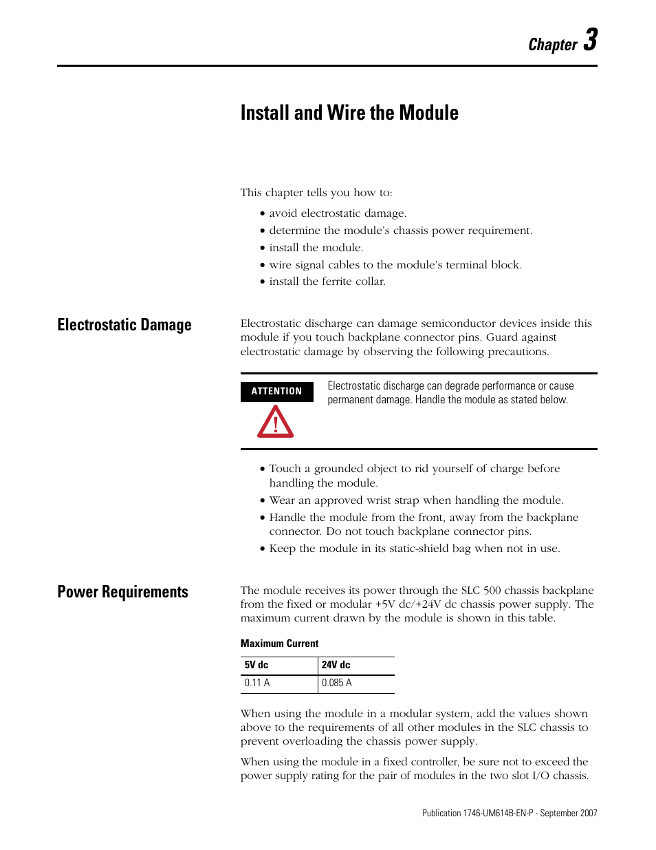 3 - install and wire the module, Electrostatic damage, Power requirements | Chapter 3, Install and wire the module, Electrostatic damage power requirements, Chapter | Rockwell Automation 1746-INT4 Thermocouple/MV Isolated/ User Manual User Manual | Page 25 / 116