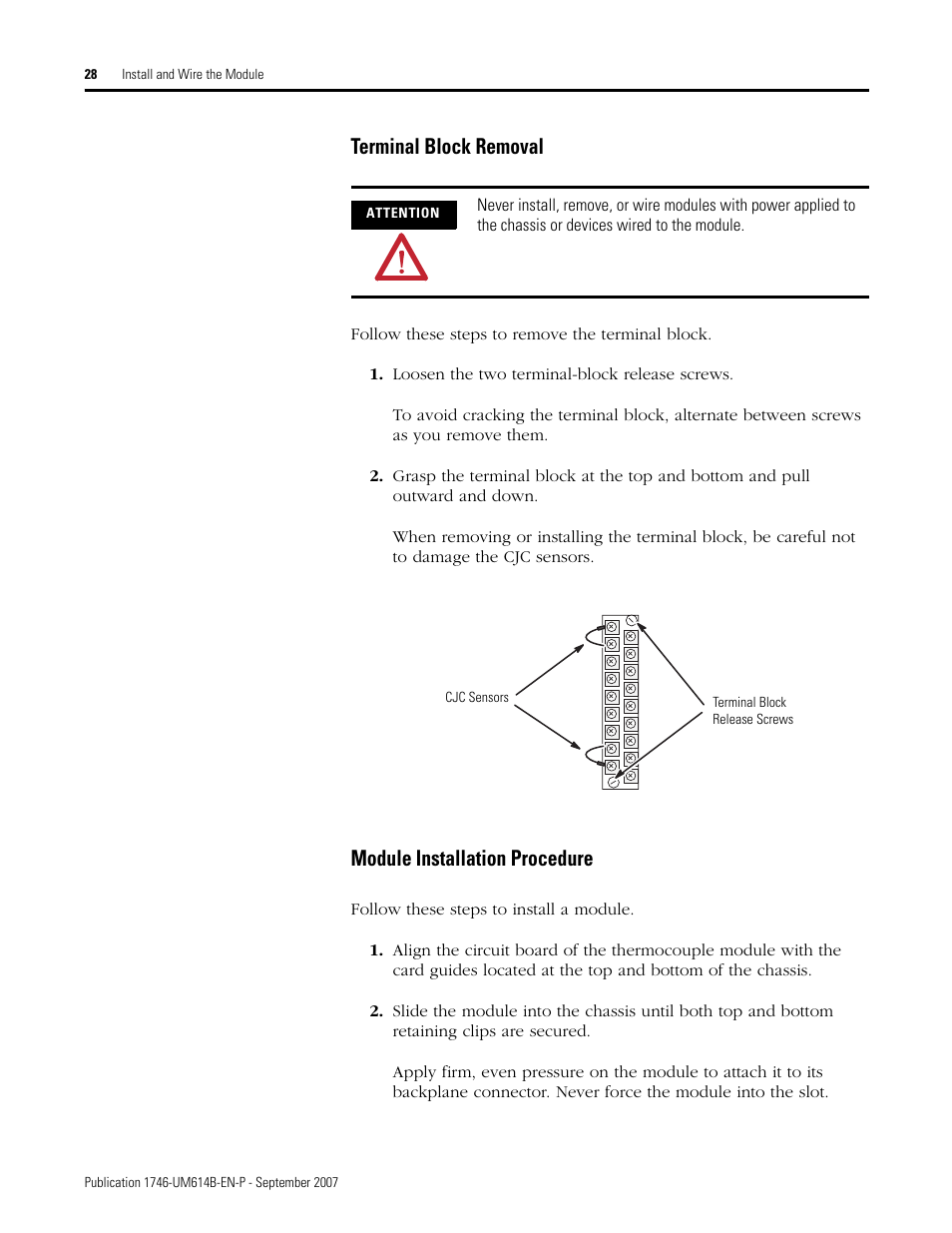 Terminal block removal, Module installation procedure | Rockwell Automation 1746-INT4 Thermocouple/MV Isolated/ User Manual User Manual | Page 28 / 116