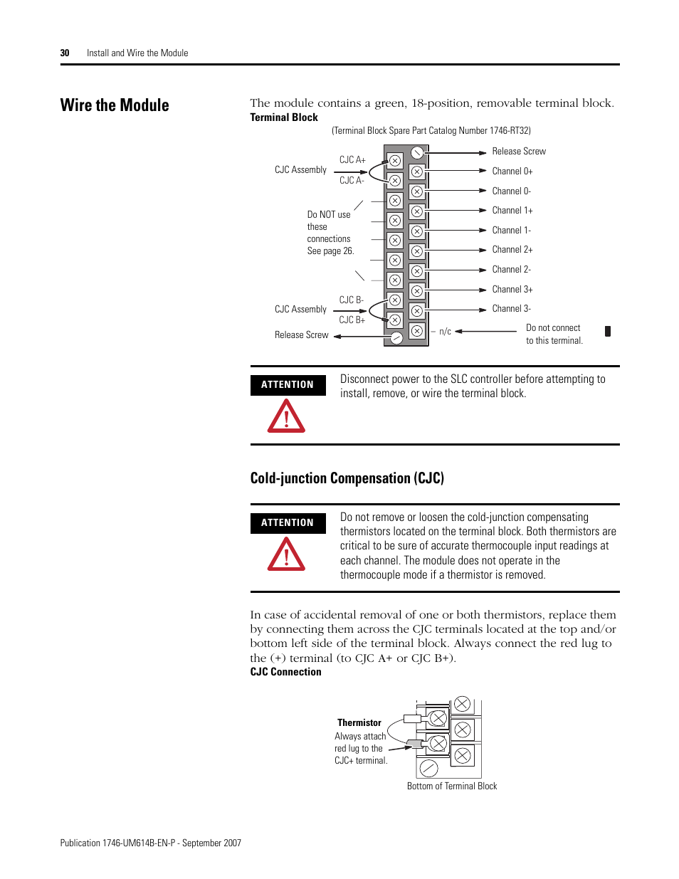 Wire the module, Cold-junction compensation (cjc) | Rockwell Automation 1746-INT4 Thermocouple/MV Isolated/ User Manual User Manual | Page 30 / 116