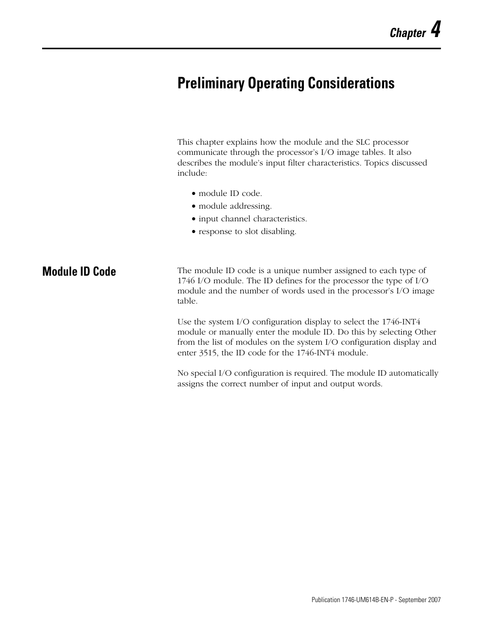4 - preliminary operating considerations, Module id code, Chapter 4 | Preliminary operating considerations, Chapter | Rockwell Automation 1746-INT4 Thermocouple/MV Isolated/ User Manual User Manual | Page 35 / 116