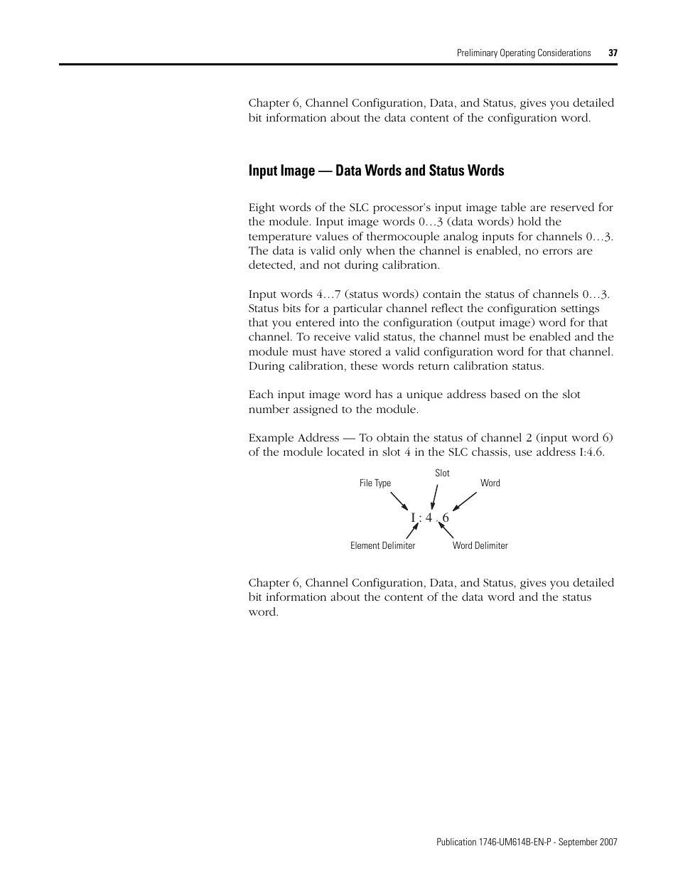 Input image — data words and status words | Rockwell Automation 1746-INT4 Thermocouple/MV Isolated/ User Manual User Manual | Page 37 / 116