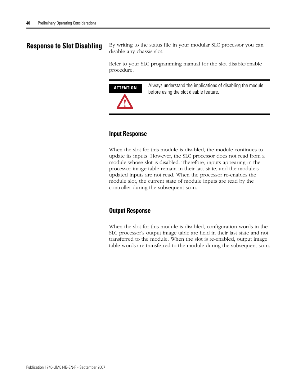 Response to slot disabling, Input response, Output response | Rockwell Automation 1746-INT4 Thermocouple/MV Isolated/ User Manual User Manual | Page 40 / 116