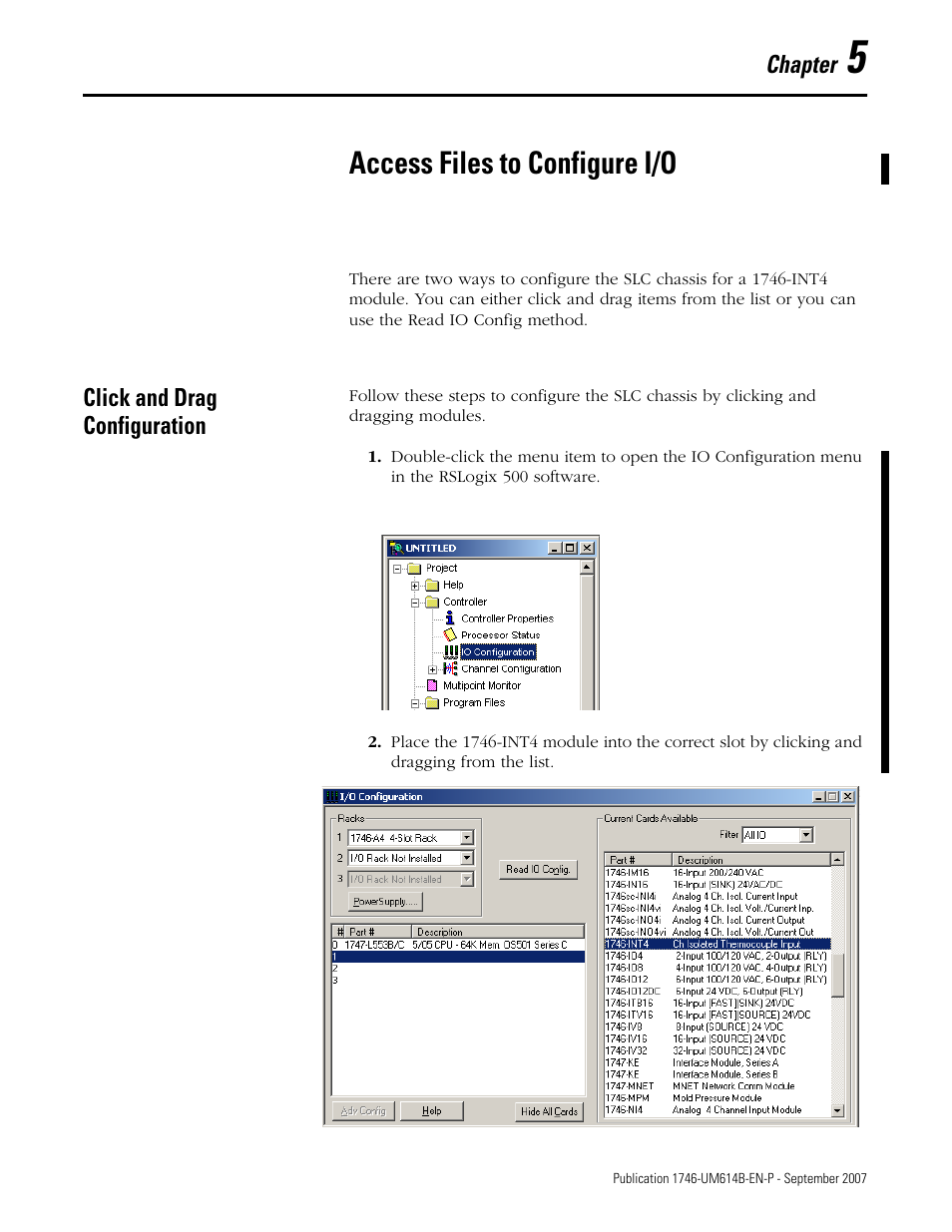 5 - access files to configure i/o, Click and drag configuration, Chapter 5 | Access files to configure i/o | Rockwell Automation 1746-INT4 Thermocouple/MV Isolated/ User Manual User Manual | Page 41 / 116