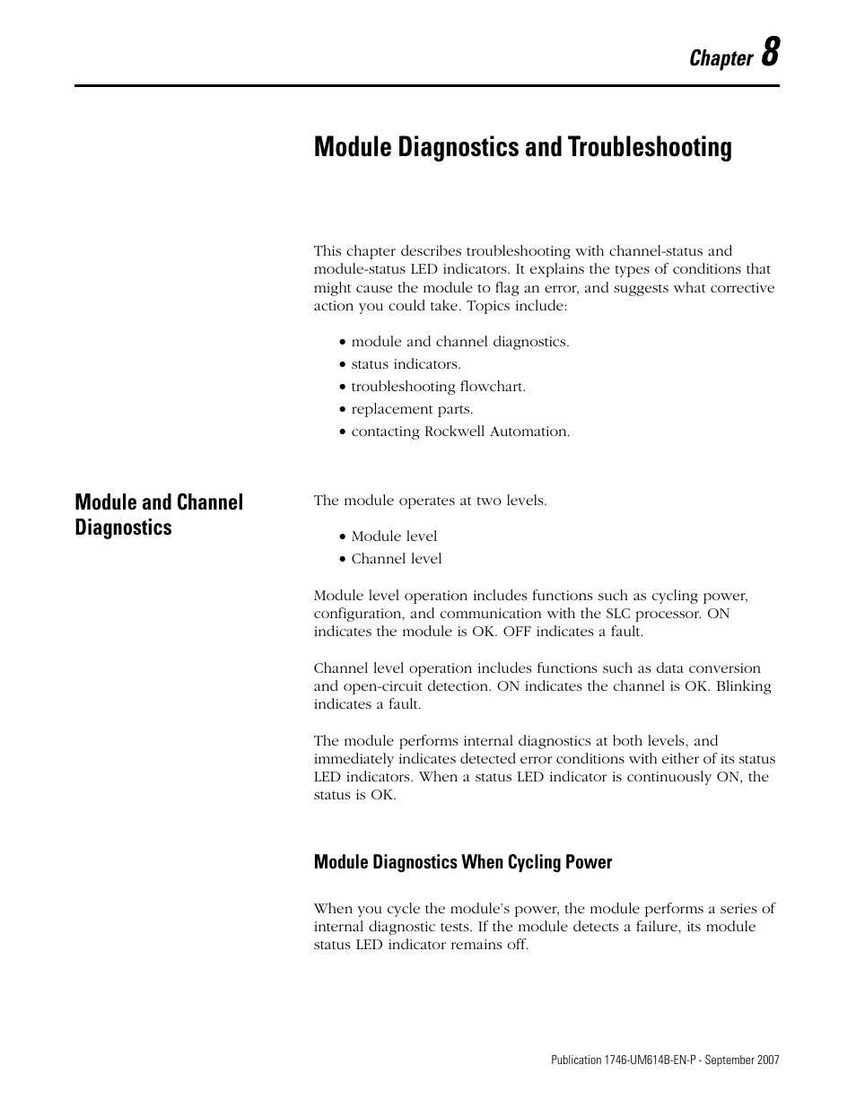 8 - module diagnostics and troubleshooting, Module and channel diagnostics, Chapter 8 | Module diagnostics and troubleshooting, Chapter | Rockwell Automation 1746-INT4 Thermocouple/MV Isolated/ User Manual User Manual | Page 65 / 116