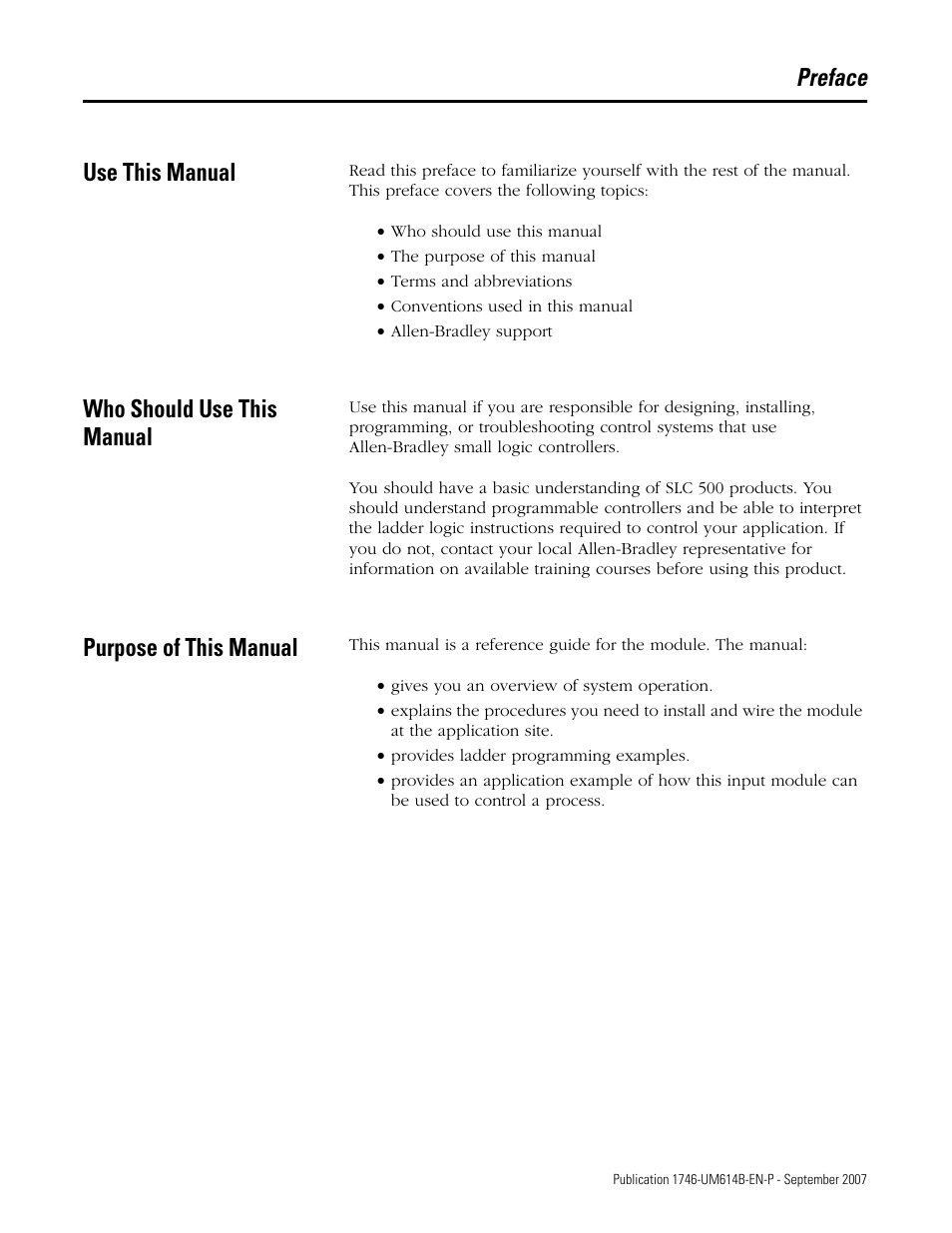 Preface, Use this manual, Who should use this manual | Purpose of this manual, Preface use this manual | Rockwell Automation 1746-INT4 Thermocouple/MV Isolated/ User Manual User Manual | Page 7 / 116