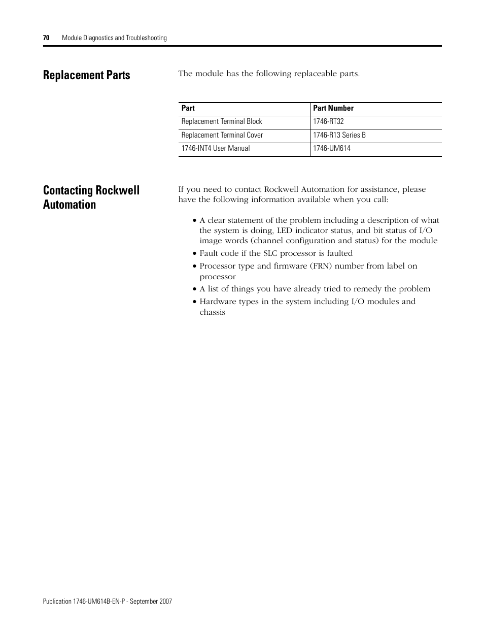 Replacement parts, Contacting rockwell automation, Replacement parts contacting rockwell automation | Rockwell Automation 1746-INT4 Thermocouple/MV Isolated/ User Manual User Manual | Page 70 / 116