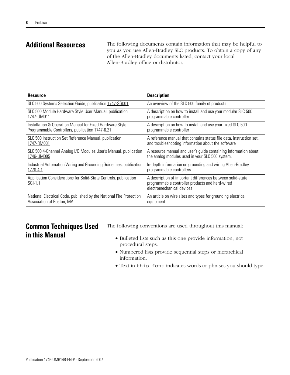 Additional resources, Common techniques used in this manual | Rockwell Automation 1746-INT4 Thermocouple/MV Isolated/ User Manual User Manual | Page 8 / 116