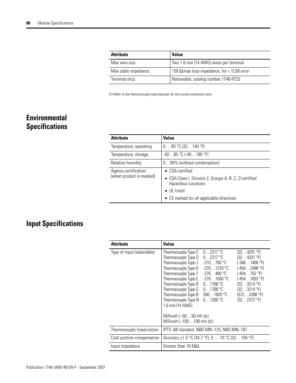Environmental specifications, Input specifications, Environmental specifications input specifications | Rockwell Automation 1746-INT4 Thermocouple/MV Isolated/ User Manual User Manual | Page 80 / 116