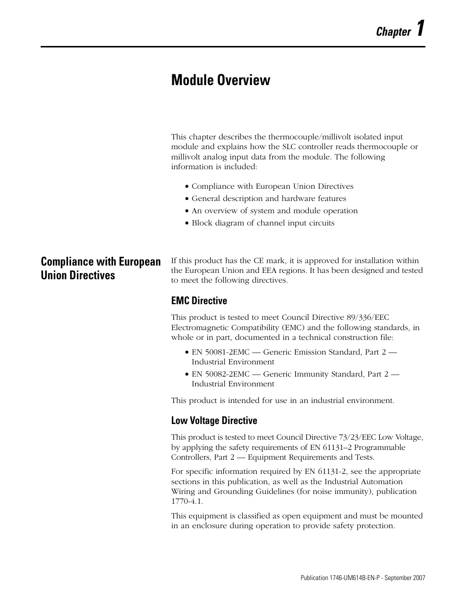 1 - module overview, Compliance with european union directives, Chapter 1 | Module overview, Chapter | Rockwell Automation 1746-INT4 Thermocouple/MV Isolated/ User Manual User Manual | Page 9 / 116