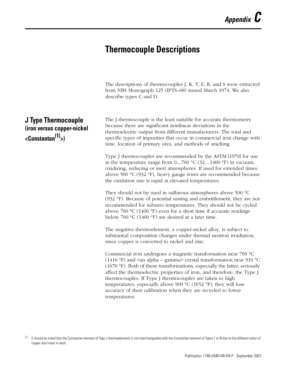 C - thermocouple descriptions, Appendix c, Thermocouple descriptions | Appendix, J type thermocouple | Rockwell Automation 1746-INT4 Thermocouple/MV Isolated/ User Manual User Manual | Page 97 / 116