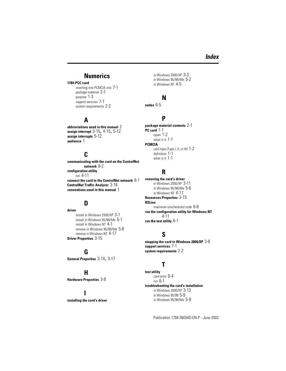 Index, Numerics, Index numerics | Rockwell Automation 1784-PCC ControlNet Communication Card Installation Instructions User Manual | Page 101 / 104