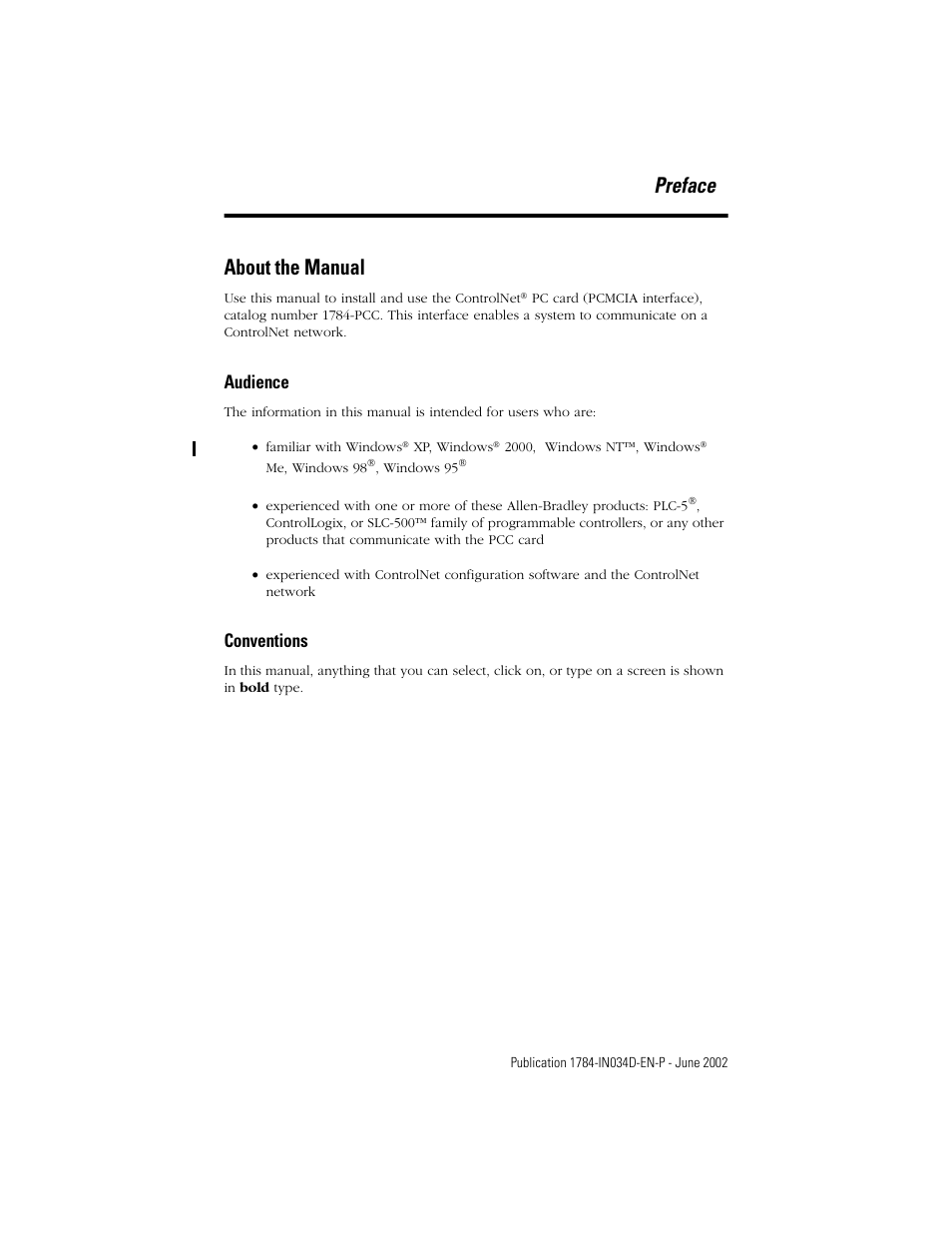 About the manual, Preface, Audience conventions | Rockwell Automation 1784-PCC ControlNet Communication Card Installation Instructions User Manual | Page 11 / 104