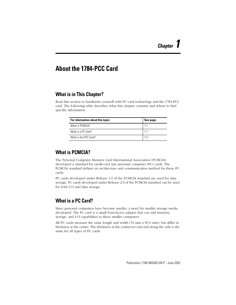 1 - about the 1784-pcc card, What is in this chapter, What is pcmcia | What is a pc card, Chapter 1, About the 1784-pcc card, Chapter | Rockwell Automation 1784-PCC ControlNet Communication Card Installation Instructions User Manual | Page 13 / 104