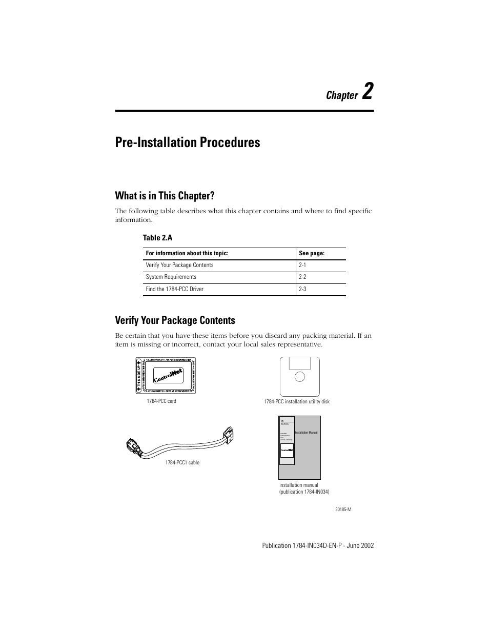 2 - pre-installation procedures, What is in this chapter, Verify your package contents | Chapter 2, Pre-installation procedures, Chapter | Rockwell Automation 1784-PCC ControlNet Communication Card Installation Instructions User Manual | Page 17 / 104