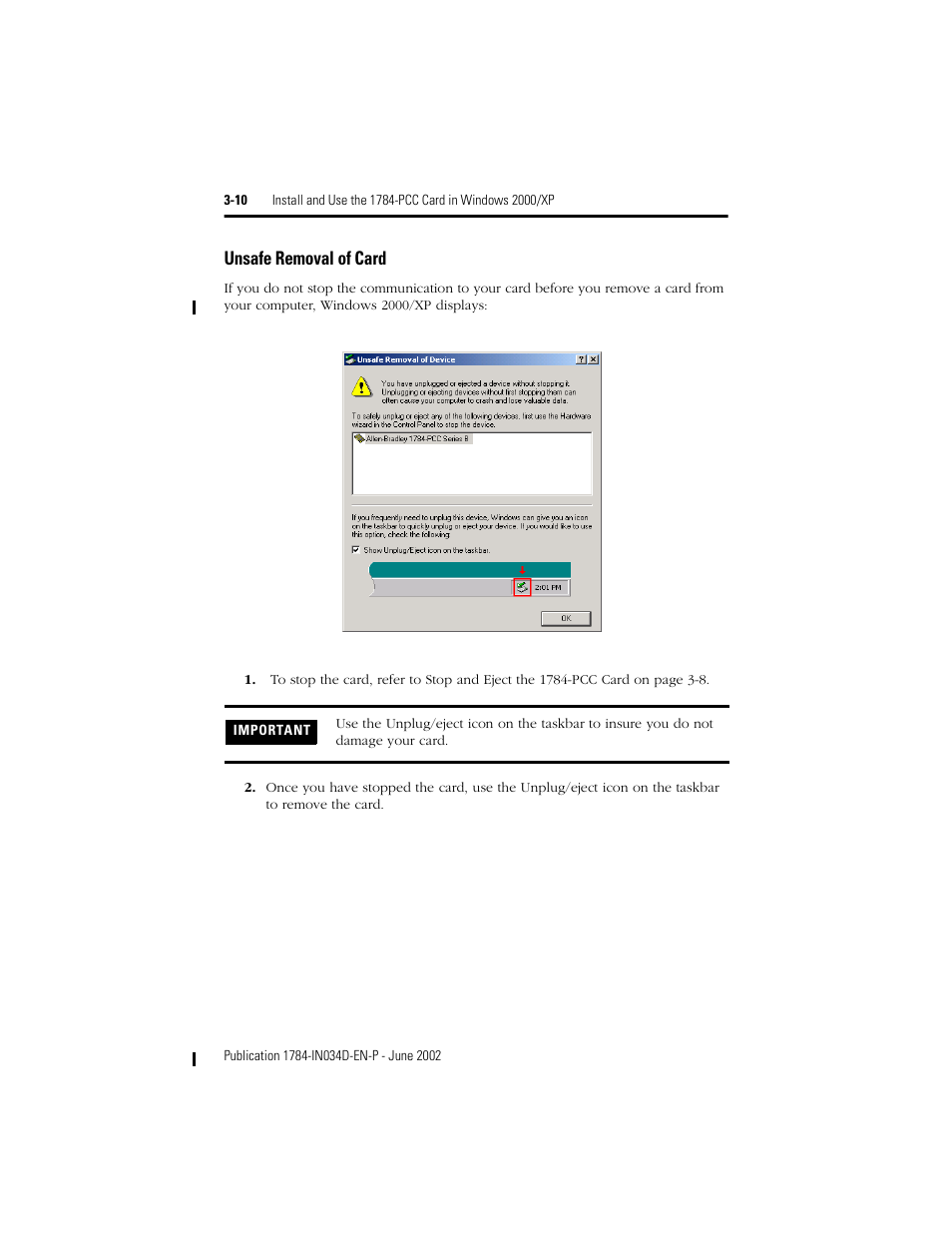 Unsafe removal of card -10, Unsafe removal of card | Rockwell Automation 1784-PCC ControlNet Communication Card Installation Instructions User Manual | Page 30 / 104