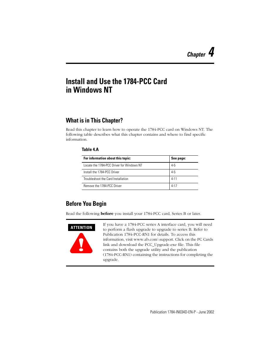 What is in this chapter, Before you begin, Chapter 4 | Install and use the 1784-pcc card in windows nt, What is in this chapter? -1 before you begin -1 | Rockwell Automation 1784-PCC ControlNet Communication Card Installation Instructions User Manual | Page 51 / 104