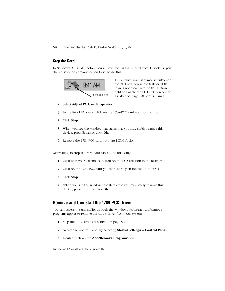 Remove and uninstall the 1784-pcc driver, Stop the card -6, Remove and uninstall the 1784-pcc driver -6 | Stop the card | Rockwell Automation 1784-PCC ControlNet Communication Card Installation Instructions User Manual | Page 74 / 104