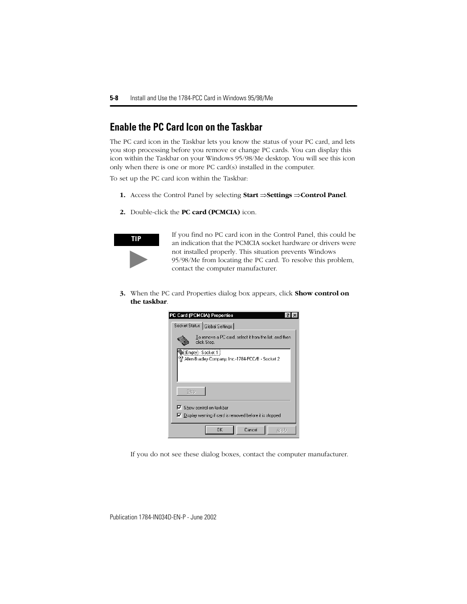 Enable the pc card icon on the taskbar, Enable the pc card icon on the taskbar -8 | Rockwell Automation 1784-PCC ControlNet Communication Card Installation Instructions User Manual | Page 76 / 104