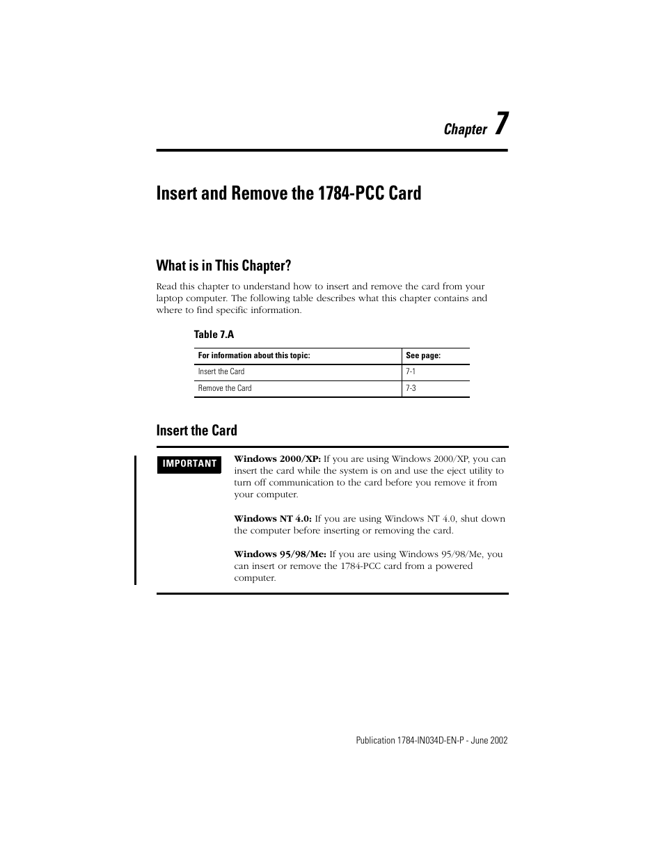 7 - insert and remove the 1784-pcc card, What is in this chapter, Insert the card | Chapter 7, Insert and remove the 1784-pcc card, What is in this chapter? -1 insert the card -1, Chapter | Rockwell Automation 1784-PCC ControlNet Communication Card Installation Instructions User Manual | Page 89 / 104