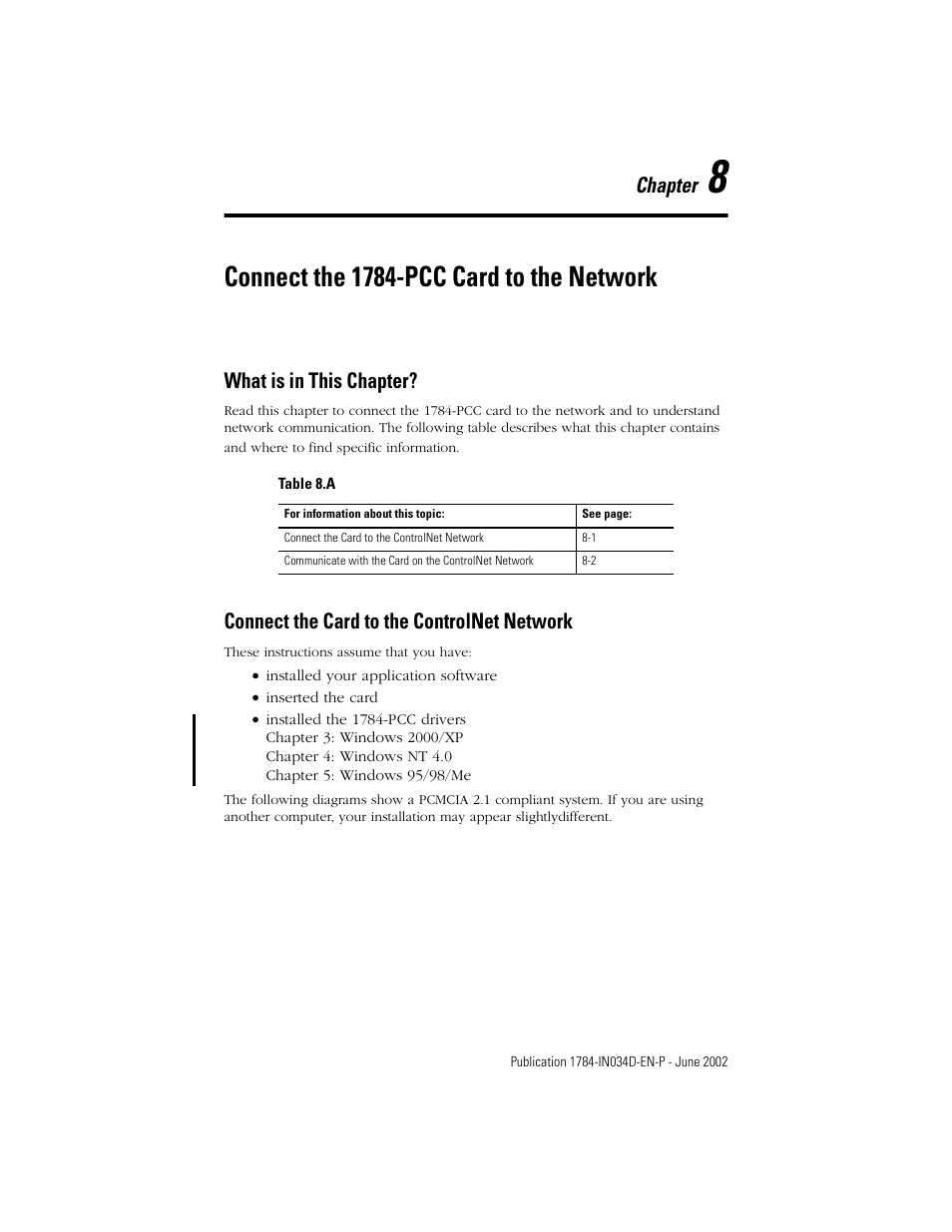 8 - connect the 1784-pcc card to the network, What is in this chapter, Connect the card to the controlnet network | Chapter 8, Connect the 1784-pcc card to the network, Chapter | Rockwell Automation 1784-PCC ControlNet Communication Card Installation Instructions User Manual | Page 93 / 104