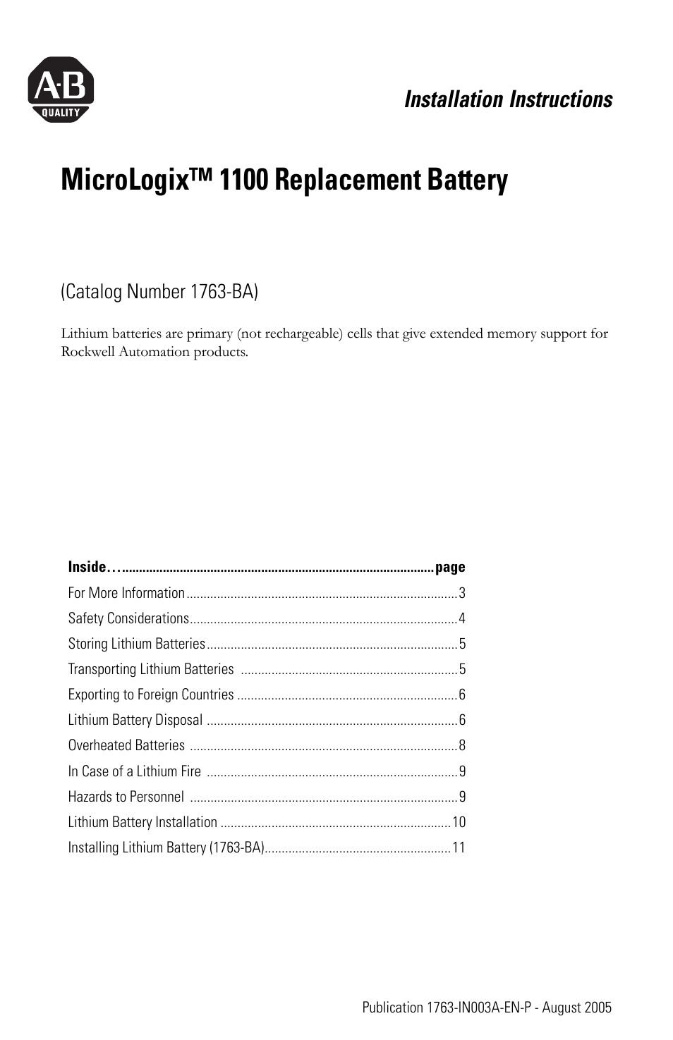 Rockwell Automation 1763-BA MicroLogix 1100 Replacement Battery User Manual | 12 pages