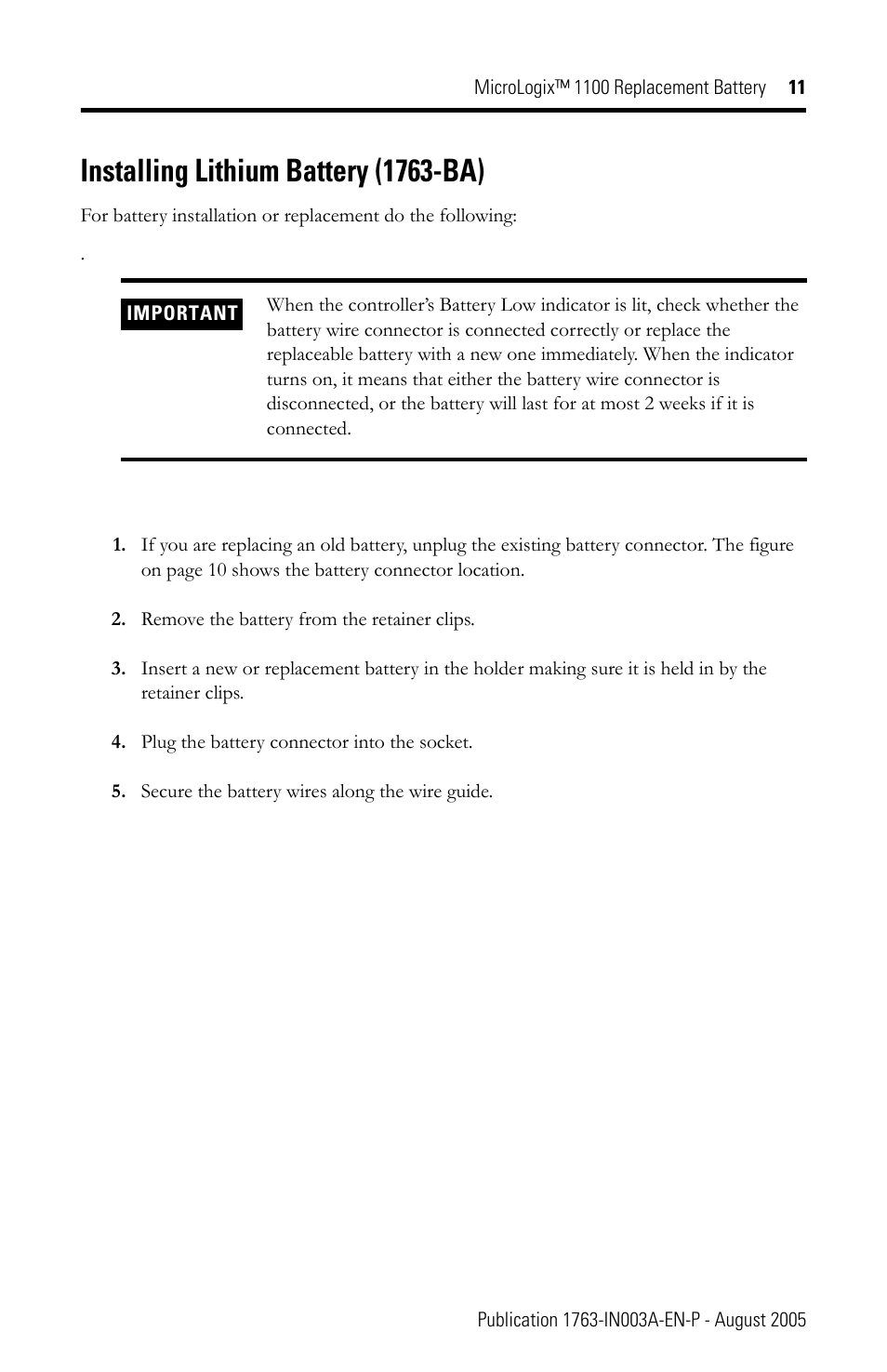 Installing lithium battery (1763-ba) | Rockwell Automation 1763-BA MicroLogix 1100 Replacement Battery User Manual | Page 11 / 12