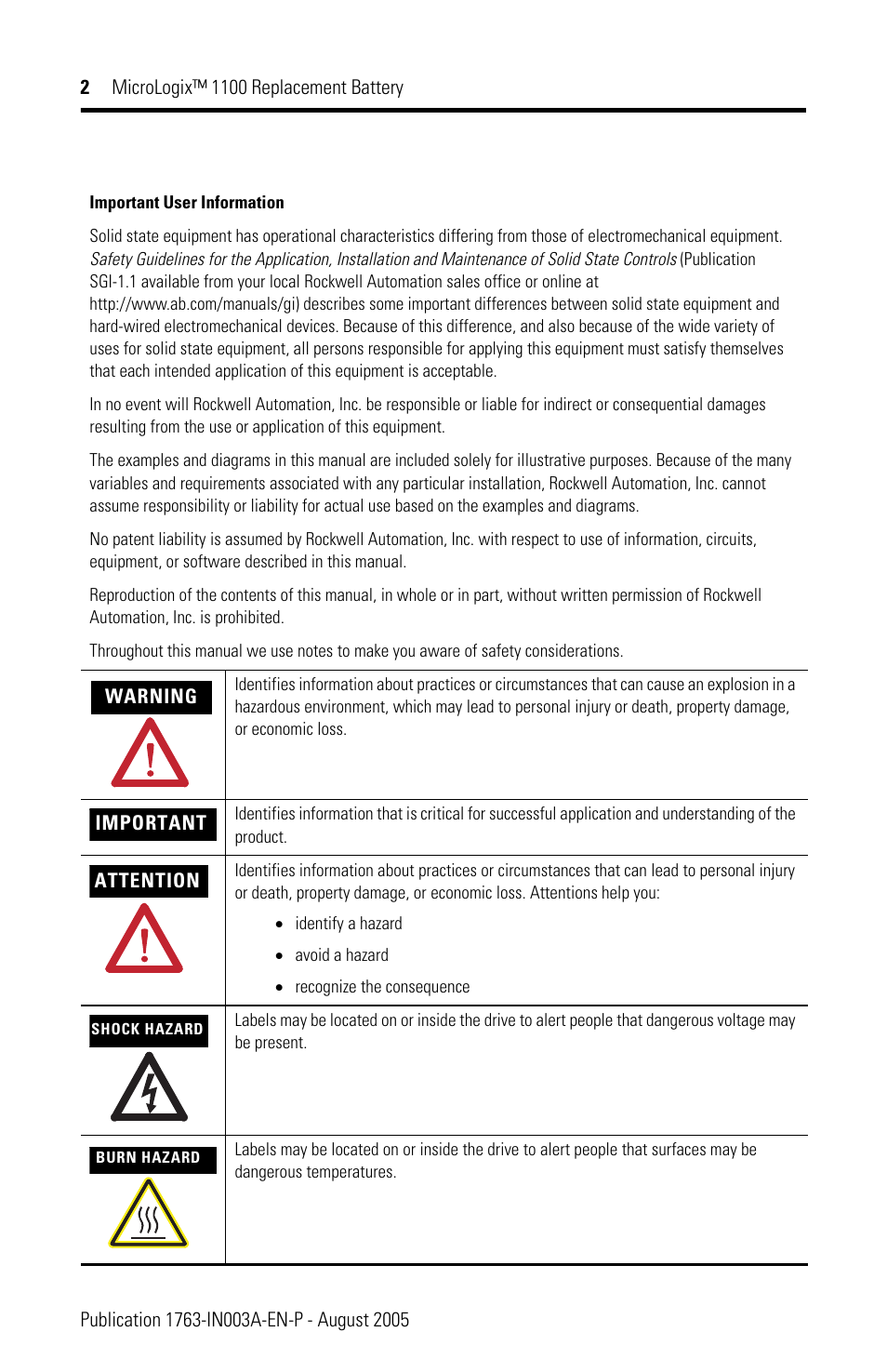 Rockwell Automation 1763-BA MicroLogix 1100 Replacement Battery User Manual | Page 2 / 12