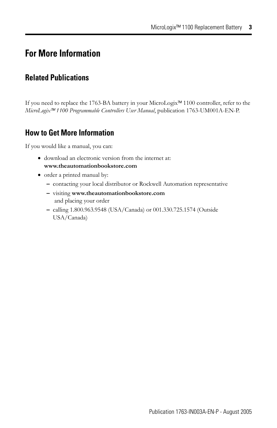 For more information, Related publications, How to get more information | Rockwell Automation 1763-BA MicroLogix 1100 Replacement Battery User Manual | Page 3 / 12