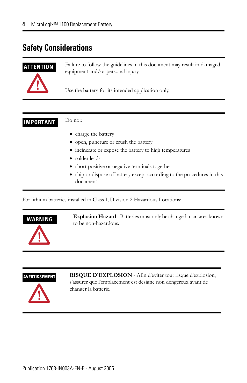 Safety considerations | Rockwell Automation 1763-BA MicroLogix 1100 Replacement Battery User Manual | Page 4 / 12