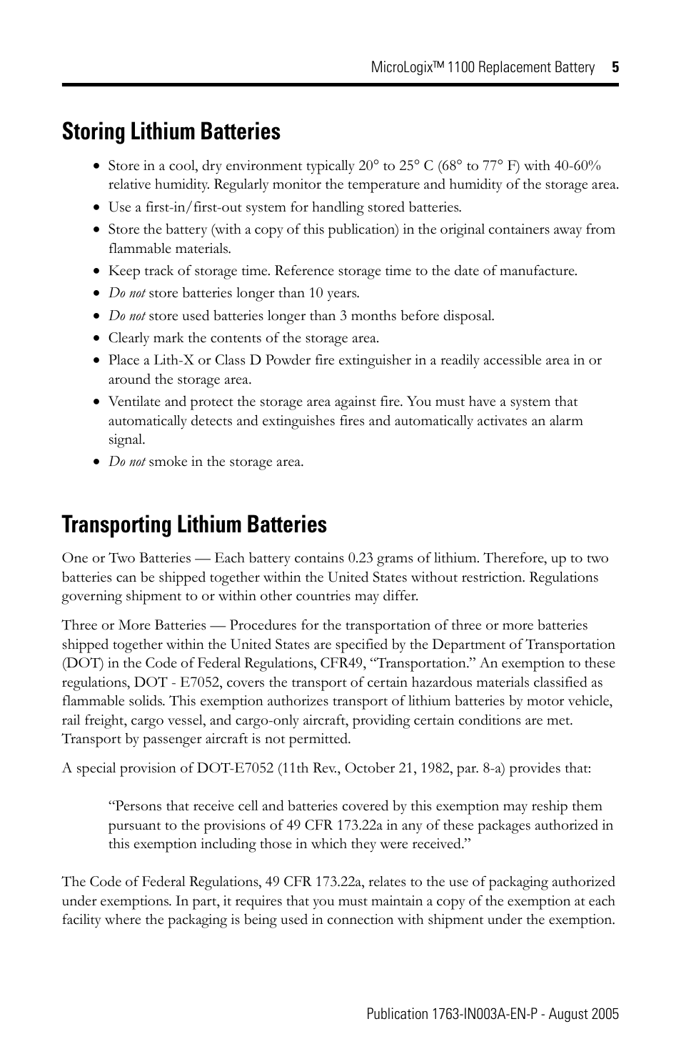 Storing lithium batteries, Transporting lithium batteries | Rockwell Automation 1763-BA MicroLogix 1100 Replacement Battery User Manual | Page 5 / 12