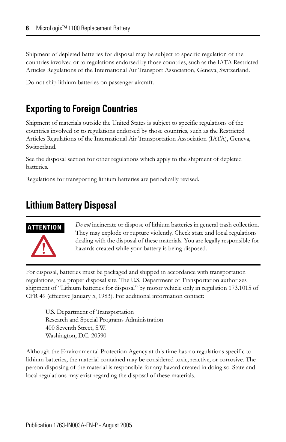Exporting to foreign countries, Lithium battery disposal | Rockwell Automation 1763-BA MicroLogix 1100 Replacement Battery User Manual | Page 6 / 12
