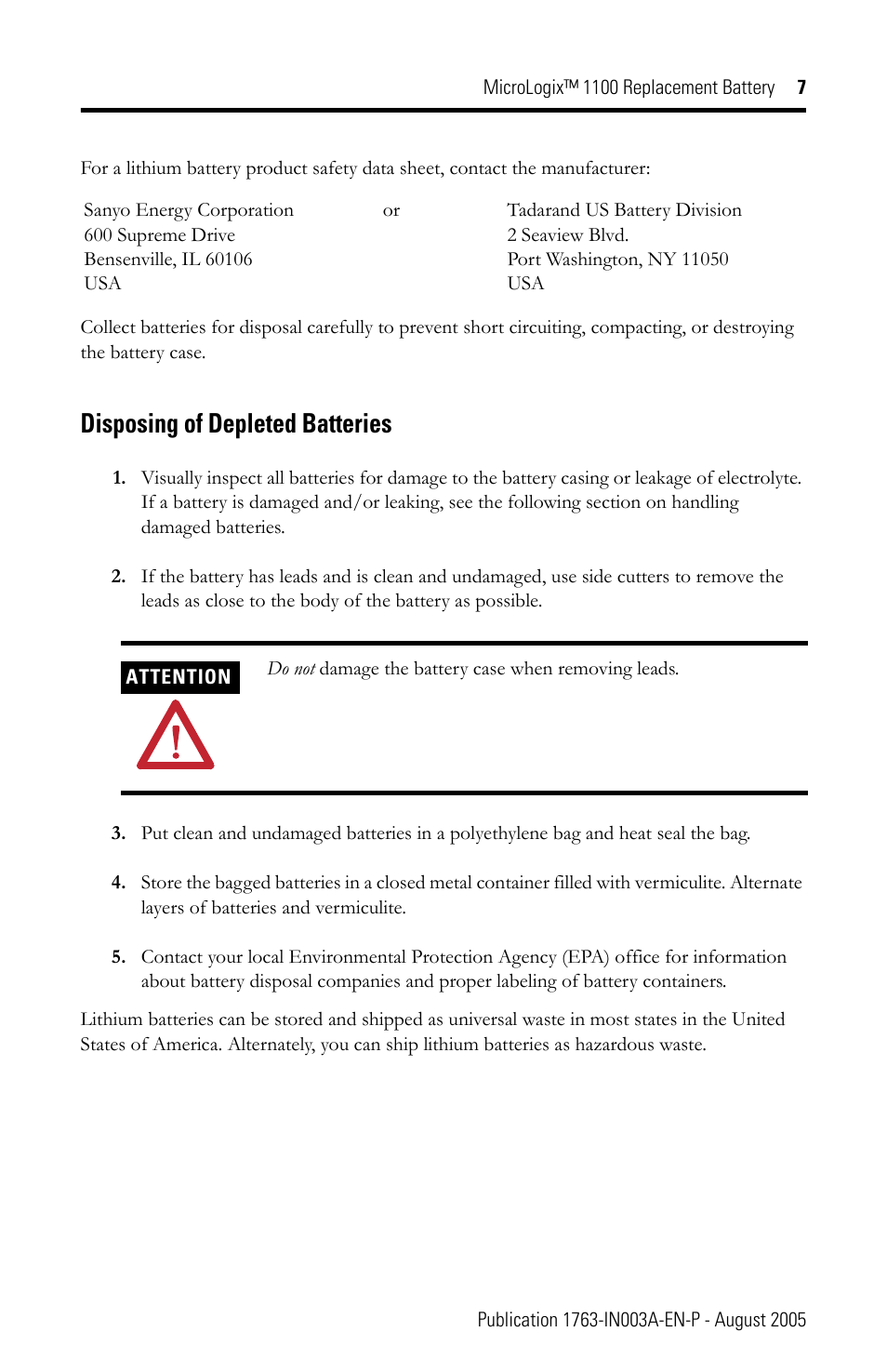 Disposing of depleted batteries | Rockwell Automation 1763-BA MicroLogix 1100 Replacement Battery User Manual | Page 7 / 12