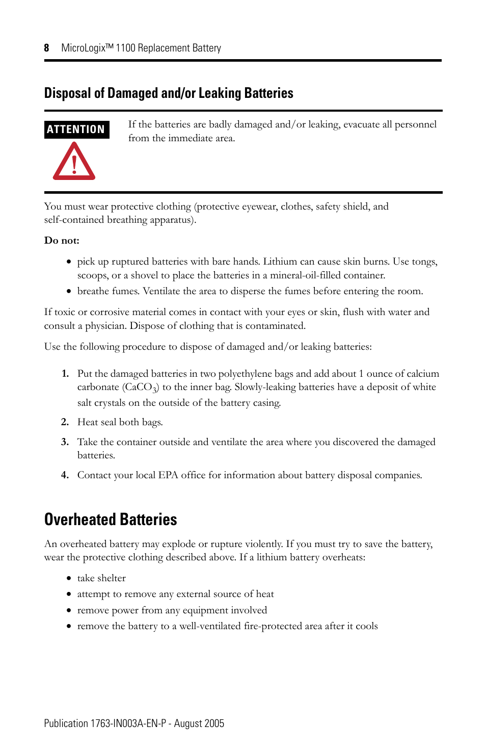 Overheated batteries, Disposal of damaged and/or leaking batteries | Rockwell Automation 1763-BA MicroLogix 1100 Replacement Battery User Manual | Page 8 / 12