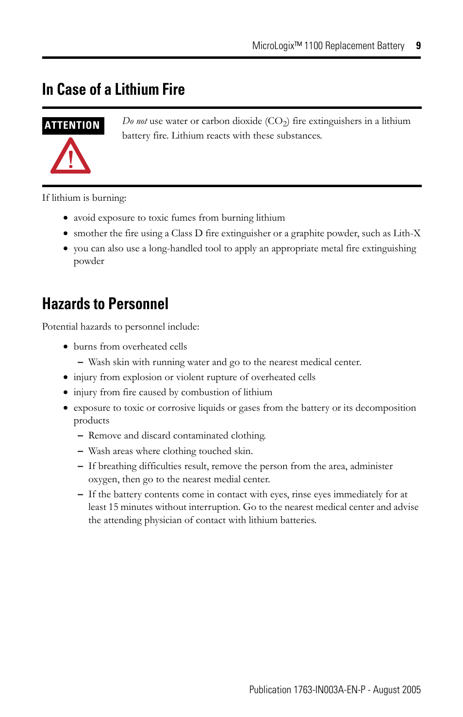 In case of a lithium fire, Hazards to personnel | Rockwell Automation 1763-BA MicroLogix 1100 Replacement Battery User Manual | Page 9 / 12