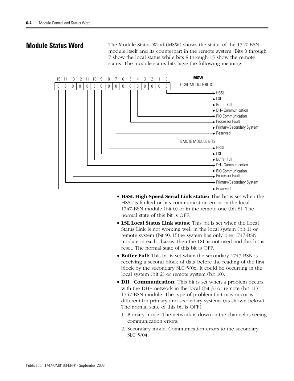 Module status word, Module status word -4 | Rockwell Automation 1747-BSN Backup Scanner Module User Manual | Page 100 / 204