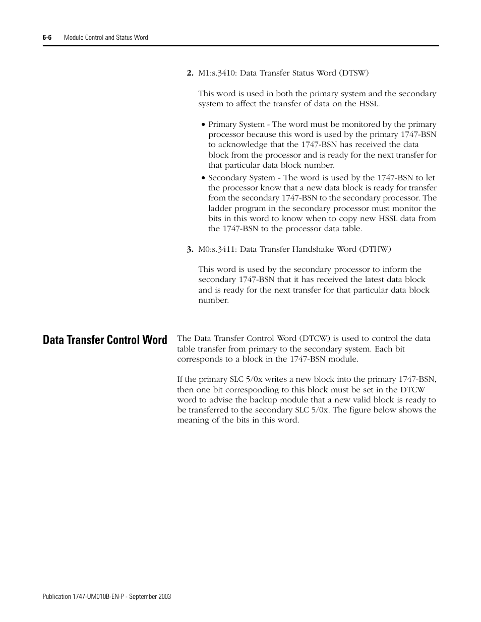 Data transfer control word, Data transfer control word -6 | Rockwell Automation 1747-BSN Backup Scanner Module User Manual | Page 102 / 204