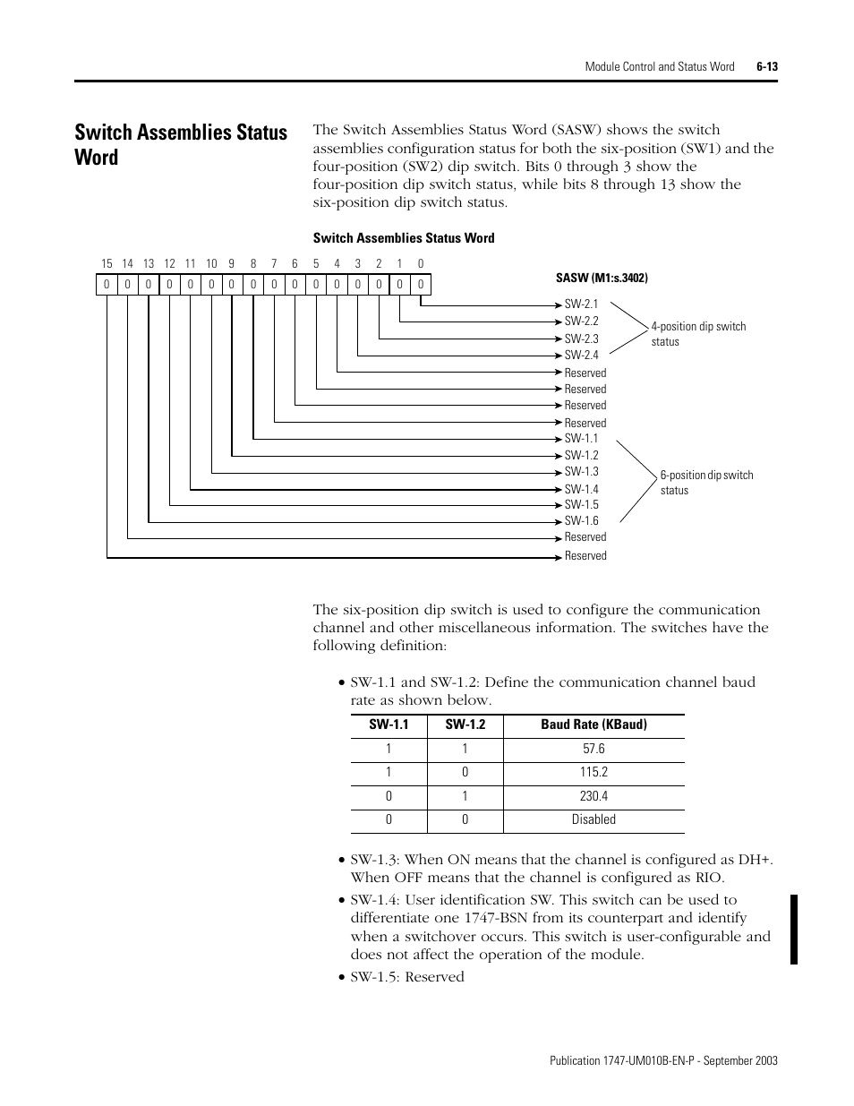 Switch assemblies status word, Switch assemblies status word -13 | Rockwell Automation 1747-BSN Backup Scanner Module User Manual | Page 109 / 204