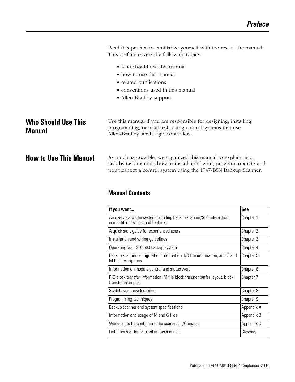 Preface, Who should use this manual, How to use this manual | Manual contents | Rockwell Automation 1747-BSN Backup Scanner Module User Manual | Page 11 / 204