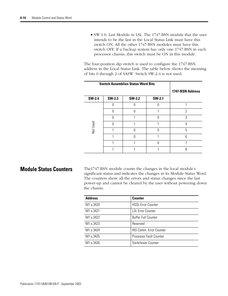 Module status counters, Module status counters -14 | Rockwell Automation 1747-BSN Backup Scanner Module User Manual | Page 110 / 204