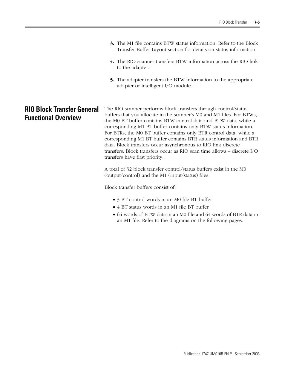 Rio block transfer general functional overview, Rio block transfer general functional overview -5 | Rockwell Automation 1747-BSN Backup Scanner Module User Manual | Page 117 / 204