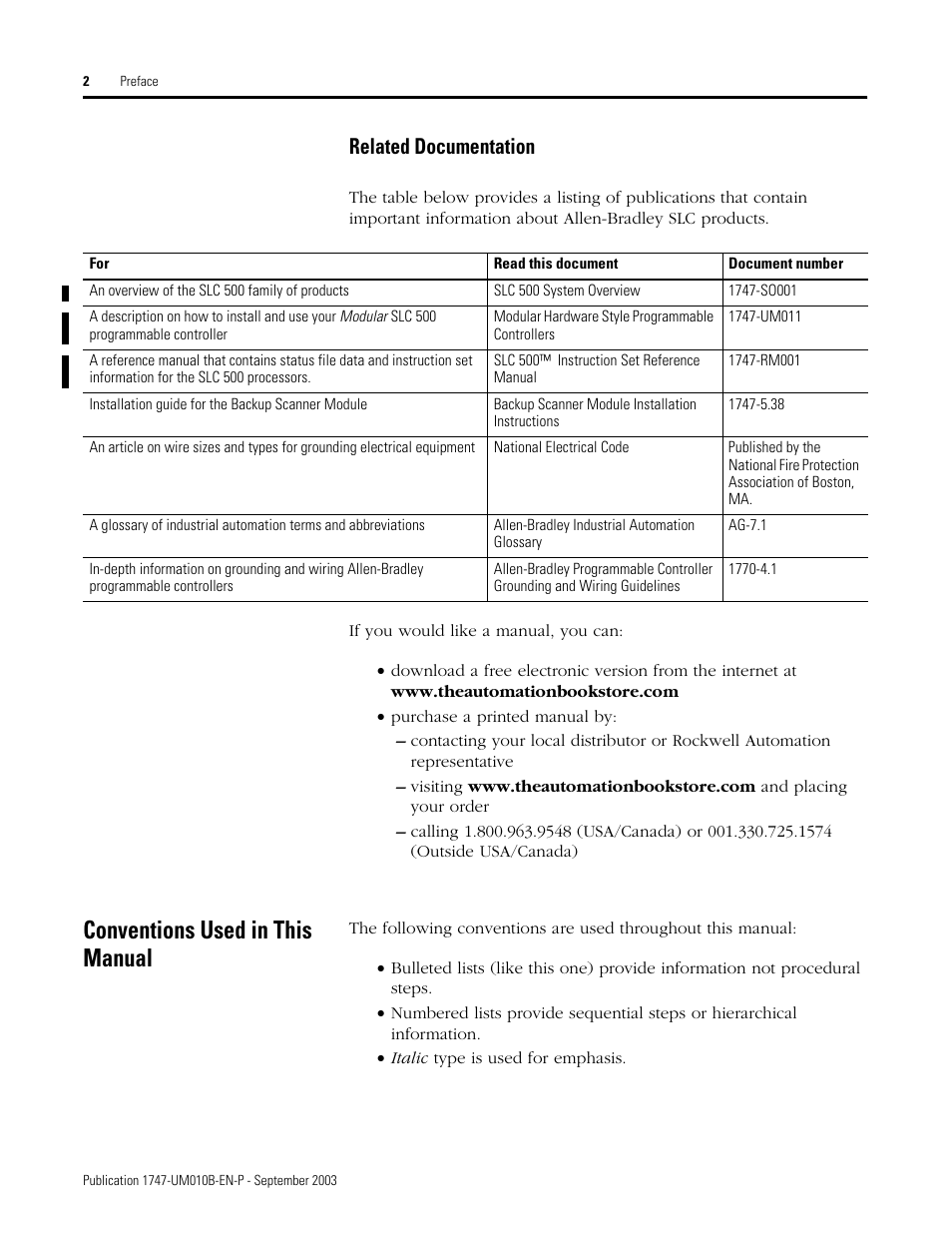Conventions used in this manual, Related documentation | Rockwell Automation 1747-BSN Backup Scanner Module User Manual | Page 12 / 204