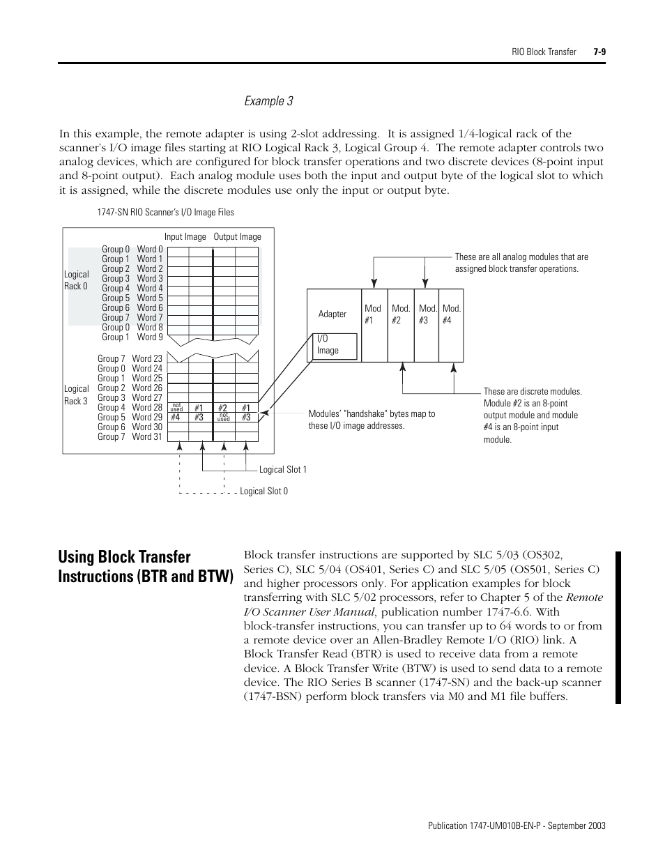 Using block transfer instructions (btr and btw), Using block transfer instructions (btr and btw) -9, Example 3 | Rockwell Automation 1747-BSN Backup Scanner Module User Manual | Page 121 / 204