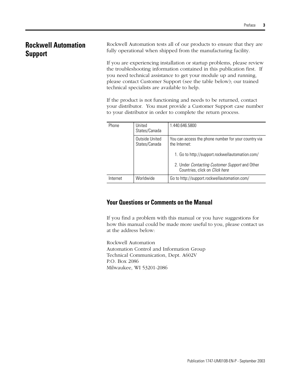 Rockwell automation support, Your questions or comments on the manual | Rockwell Automation 1747-BSN Backup Scanner Module User Manual | Page 13 / 204