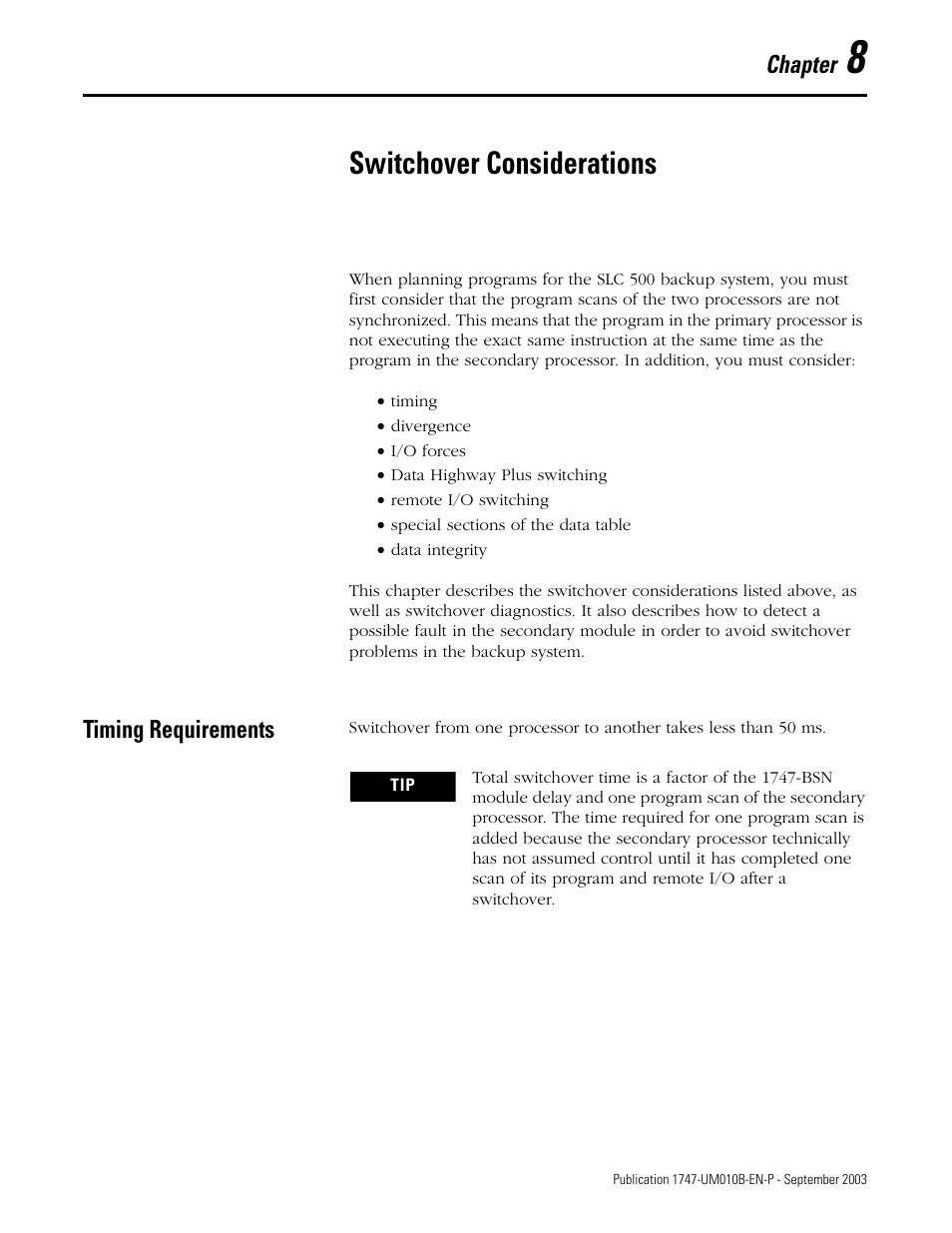 8 - switchover considerations, Timing requirements, Chapter 8 | Switchover considerations, Timing requirements -1, Chapter | Rockwell Automation 1747-BSN Backup Scanner Module User Manual | Page 135 / 204