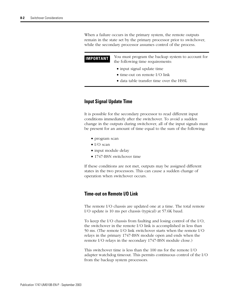 Input signal update time, Time-out on remote i/o link | Rockwell Automation 1747-BSN Backup Scanner Module User Manual | Page 136 / 204