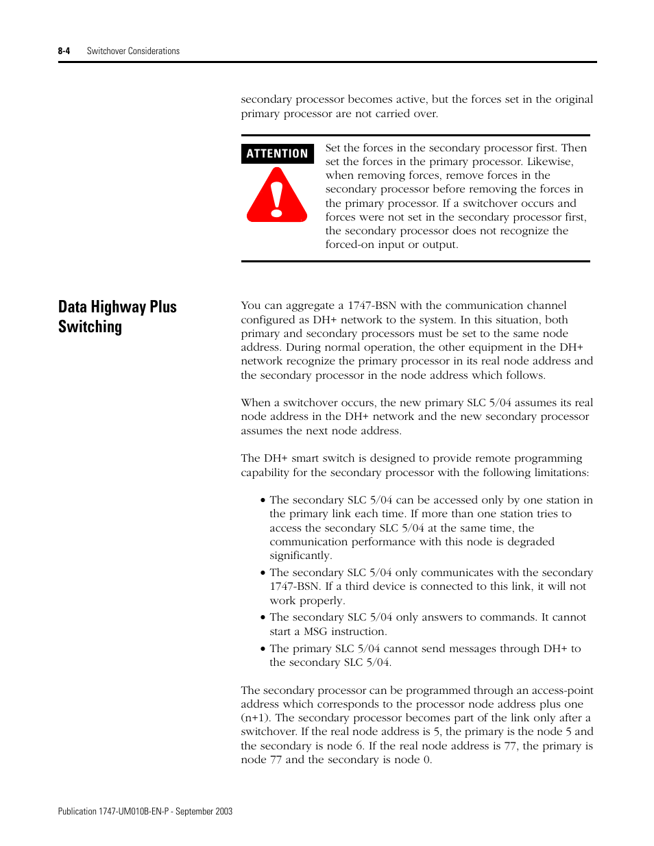 Data highway plus switching, Data highway plus switching -4 | Rockwell Automation 1747-BSN Backup Scanner Module User Manual | Page 138 / 204