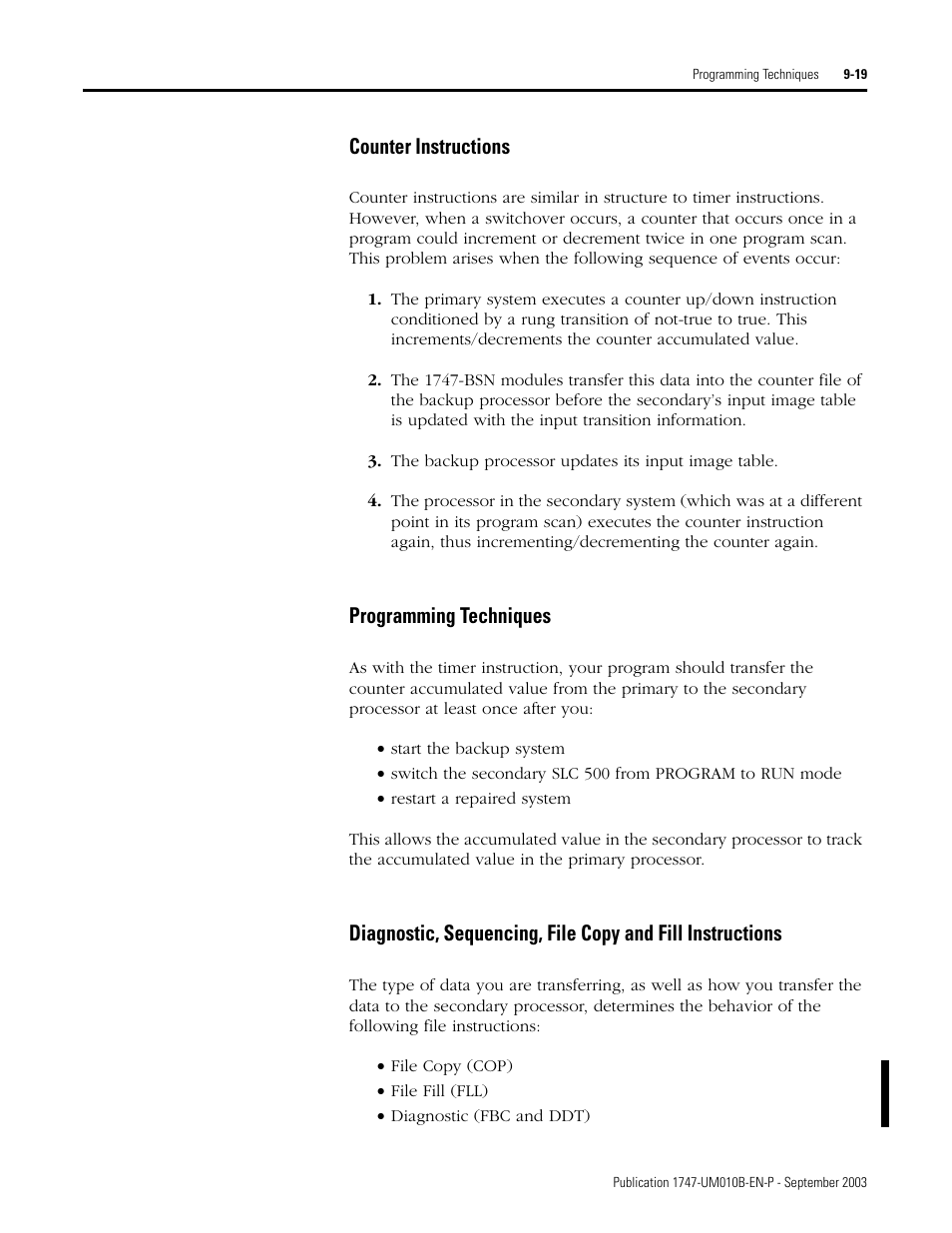 Counter instructions, Programming techniques | Rockwell Automation 1747-BSN Backup Scanner Module User Manual | Page 161 / 204