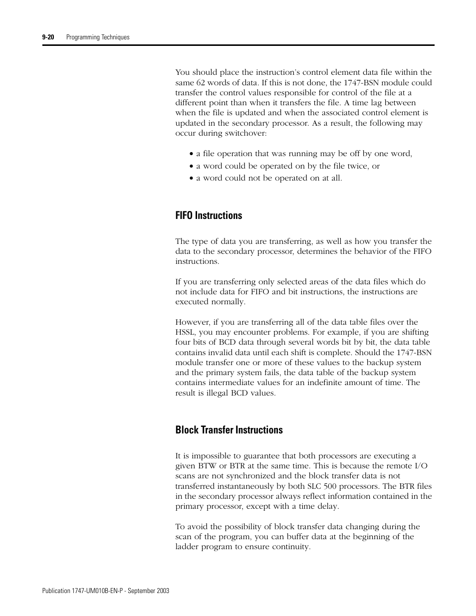 Fifo instructions, Block transfer instructions | Rockwell Automation 1747-BSN Backup Scanner Module User Manual | Page 162 / 204