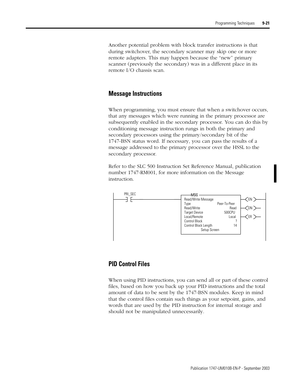 Message instructions -21 pid control files -21, Message instructions, Pid control files | Rockwell Automation 1747-BSN Backup Scanner Module User Manual | Page 163 / 204