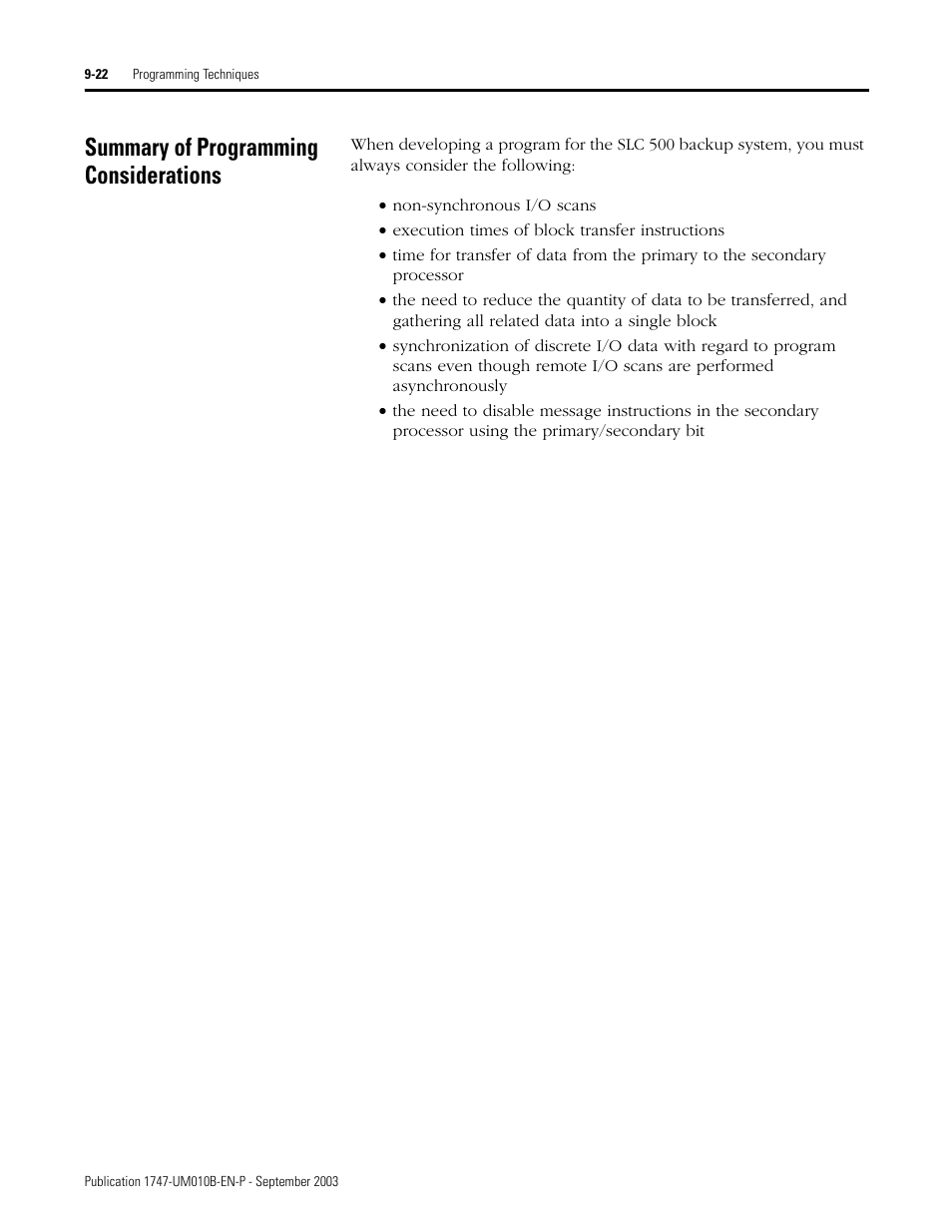 Summary of programming considerations, Summary of programming considerations -22 | Rockwell Automation 1747-BSN Backup Scanner Module User Manual | Page 164 / 204